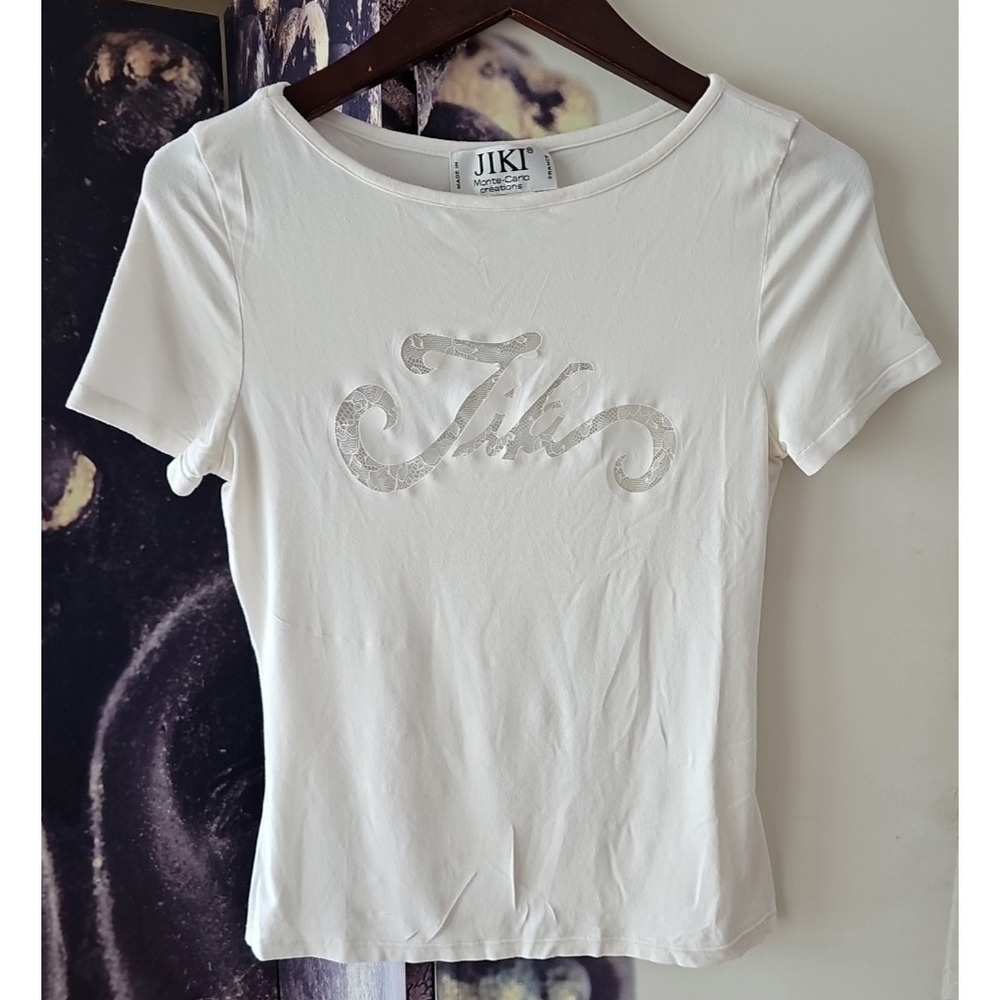 JIKI MONTE CARLO CREATIONS White Short Sleeve Lace Insert Logo‎ T Shirt Size 42
